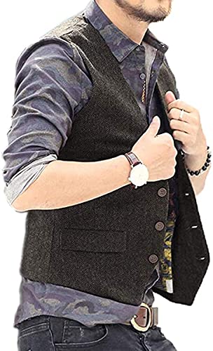 Men's Wool Tweed Suit Vest Slim Fit Herringbone Waistcoat Wedding Groomsmen3