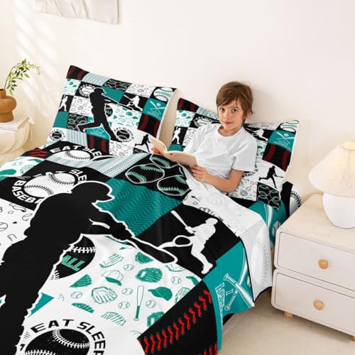 Image of Castle Fairy Baseball Player Fitted Sheet Set Full Size 4 Pcs,Patchwork Baseball Teens Sheets,Sports Geometric Grid Green Bedding Sets (1 Fitted,1 Flat,2 Pillowcases)