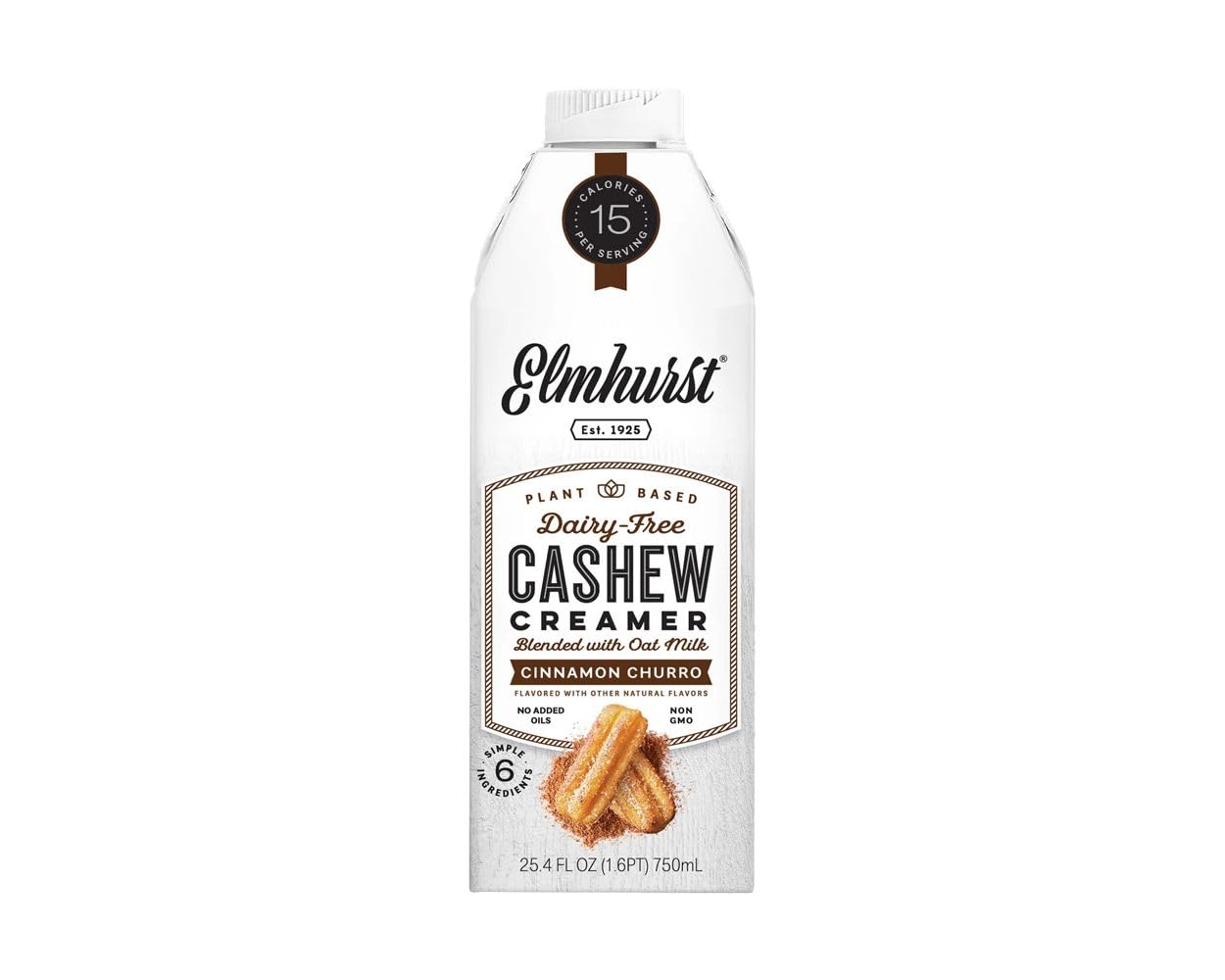Elmhurst 1925 Cinnamon Churro Cashew Creamer – Crema vegana con notas de canela – Cremosa y versátil – Ideal para café, té, postres y más – 750 ml