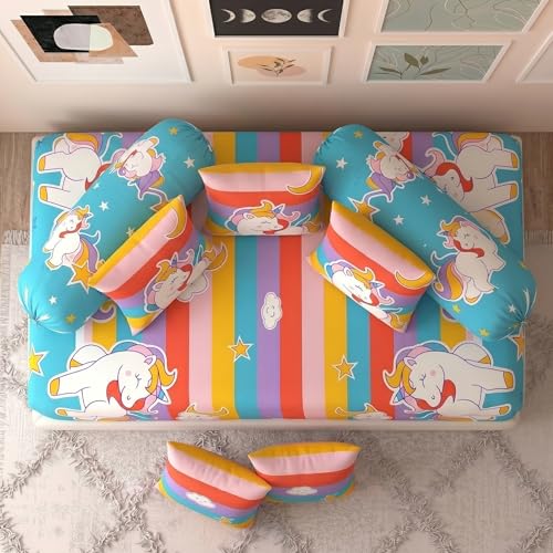 Image of Filymore Multicolor Star Unicorn Kids Fitted Diwan Set 8 Pieces - Microfiber Diwan Bedsheet Set with 5 Cushion Covers & 2 Bolster Covers | Soft Rainbow Unicorn Print Diwan Cover Set for Kids Room