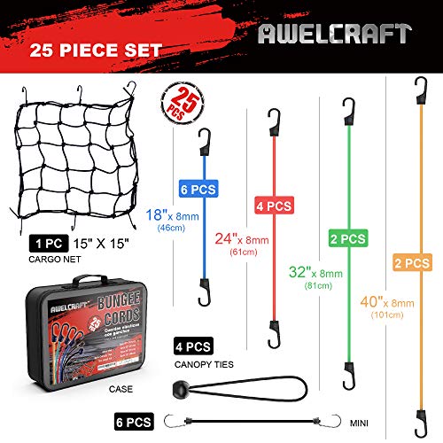 Awelcraft Heavy Duty Bungee Cords Assortment 25 Piece In Carry Bag - Includes 10", 18", 24", 32", 40" Bungee Cord And 8" Canopy/Tarp Ball Ties, Cargo Net #TOP1