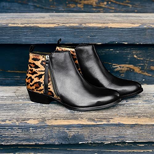 USYFAKGH High Boots Women Non-Slip Leopard Print Square Heels Zipper Round Toe Short Booties Shoes Combat Boot western-boots Black | Image 6