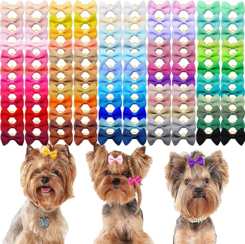100PCS Dog Hair Bows with Rubber Band for Girl Dog Handmade Hair Accessories Bow Pet Puppy for Small Medium Puppies Grooming Accessories (Mixed-100pcs(58 Colors), Solid Pattern)