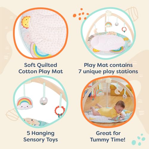 Image of B. toys Wooden Baby Gym, Sunrise to Sunset Play Mat with Toys | Soft organic cotton mat, wooden arch, 5 sensory toys, mirror, tummy time activities, movable hangers, Newborn