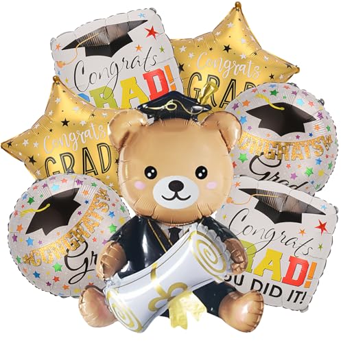 7 Pcs Graduation Party Decorations Balloons Set Graduation Bear Balloon Congrats Grad Foil Balloons for Class of 2026 Party Decorations