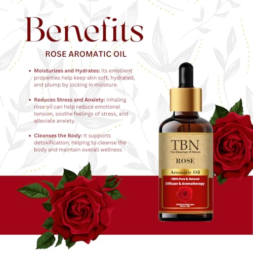 Image of TBN 100% Pure and Natural Rose Aromatic Essential Oil For Skin, Hair | Best for Aromatherapy | Helps in meditation | Used in Diffusers, Candles, Air Fresheners - 15ML