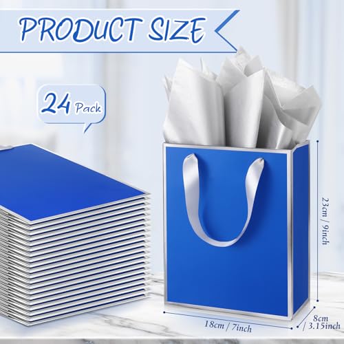Image of Yeaqee 24 Pack Metallic Paper Gift Bags, Royal Blue,Silver | with Satin Ribbon Handle and Tissue, 9x7x3.1 Inch, Suit Business, Birthday, Christmas, Thank You Return Gifts Bags
