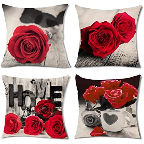 Red Pillow Covers Gray Black Rose Floral Decorative Throw Pillow Cover for Outdoor Patio Furniture 18x18 Set of 4, Farmhouse Cotton Linen Square Cushion Case Flower Couch Sofa Bedroom Home Decorations Cover