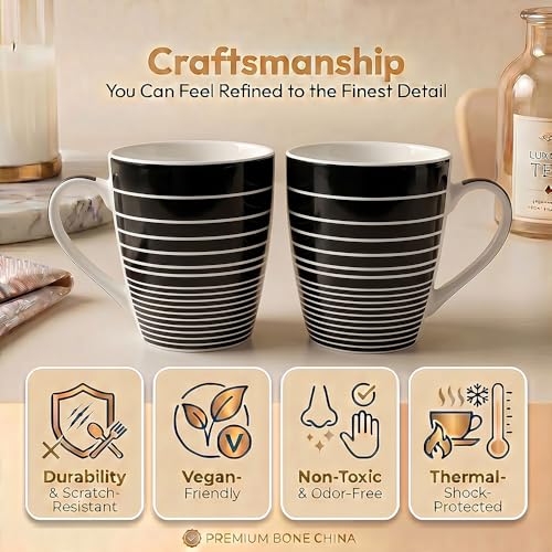 Image of UPC Midnight Stripe Bone China Mug Set of 2 | Black Line Pattern Ceramic Coffee & Tea Cups | Modern Milk Mugs for Home & Office