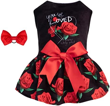 CuteBone You're Loved Rose Dress Velvet for Small Dogs Girl Puppy Dresses Black Dog Clothes CVA12XXS-D