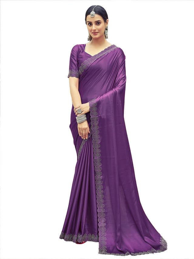 SatraniWomen's Satin Silk Hot Fixing Saree with Unstitched Blouse Piece