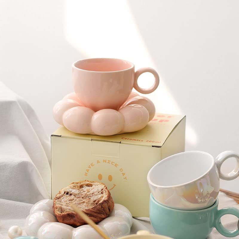 Blumen Kaffeetassen mit Untertassen, Kreative Süße Rosa Blumen Keramik Tasse, Aesthetic Coffee Mug Becher, Kaffeetasse E