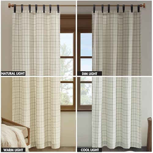 Image of Madison Park Anaheim Cabin Plaid Curtain Window, Thermal Insulated Fleece Lining, Living Room Decor Room Darkening Drape for Bedroom, 1-Single Panel Pack, 50x95 Faux Leather Tab Top, Natural