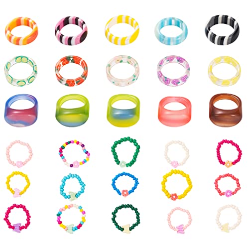 K&Y 15Pcs Resin Acrylic Color Ring 15Pcs Color Flower Butterfly Beaded Ring Set Cute Handmade Flower Bead Ring For Women (Color2) #TOP9
