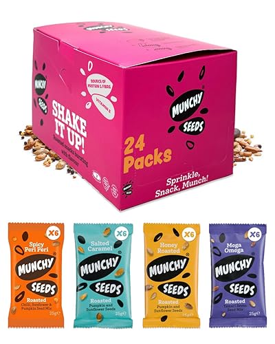 MUNCHY SEEDS Variety Pack - Honey Roasted, Peri Peri, Mega Omega, Salted Caramel - 24-Packs x 25g - Nutritious Seed Mixes Perfect for Lunchboxes and Snacking (6 Pcs Per Flavour) - Gluten-Free Snacks