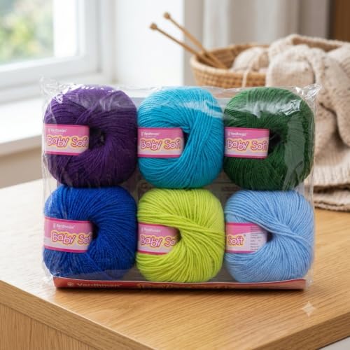Image of Vardhman BabySoft Knitting Yarn | 100% Acrylic Wool | 4 Ply | Thin Knitting & Crocheting Hook Thread & Lightweight | Special Baby Wool | 150 Grams (6 Balls of 25g) | Machine Washable | Ideal for Blankets, Hats, Booties Ultra-Soft for Baby Sweaters, Blankets, Caps, Socks, Soft toys, Art & craft (Peacock Palette)