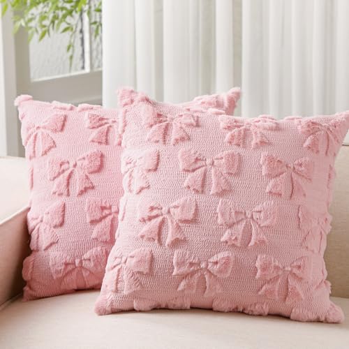 Image of Mixweer Bow Pillow Covers Set of 2 Coquette Room Decor Cute Faux Fur Soft Bowknot Preppy Stuff Fluffy Plush Aesthetic Pillow Covers for Bed Sofa Couch, Fall Christmas Decor(18 x 18 Inch,Dark Pink)