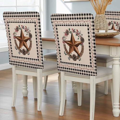Farmhouse Chair Back Covers Set of 4, Dining Back Chair Cover Removable Washable Back Slipcovers, Country Star Berry Plaid Lodge Grey Brown Kitchen ChairProtector for Wedding Party Housewarming