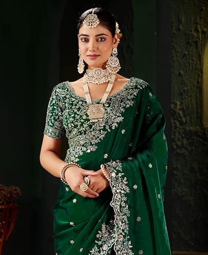 Buy DHARMEE Women's Silk Saree with Embroidered Blouse Piece, Traditional Parte Wear with Gold Border and Hand Work Lace Embellished, Solid/Plain, Applique, Woven, Satin Saree (Green) at Amazon.in - Image 4