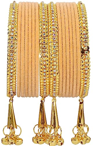 Image of NMII Metal with Zircon Gemstone and Velvet Studded Bells Latkan Bangles Set For Girls and Women I Latkan Bangles, Premium Bangle Bracelet Set I Pack of 16 Bangles