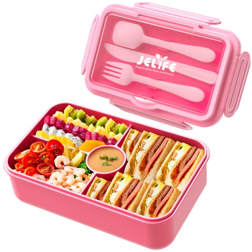 Jelife Kids Lunch Bento Box, Large Bento-Style Leakproof Boxes 4 Compartments Girls Snack Containers with Tableware for Back to School, Reusable On-the-Go Meal and Packing, Pink