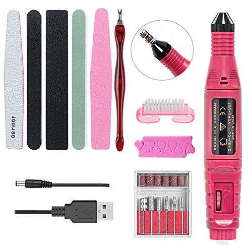 Electric Nail File Drill Manicure Tool Pedicure Machine Set Kit USB Adjustable Speed Nail Polish Machine Set 6PCS 3/32 Nail Drill Bit Set and 5PCS Nail File for Acrylic Nail