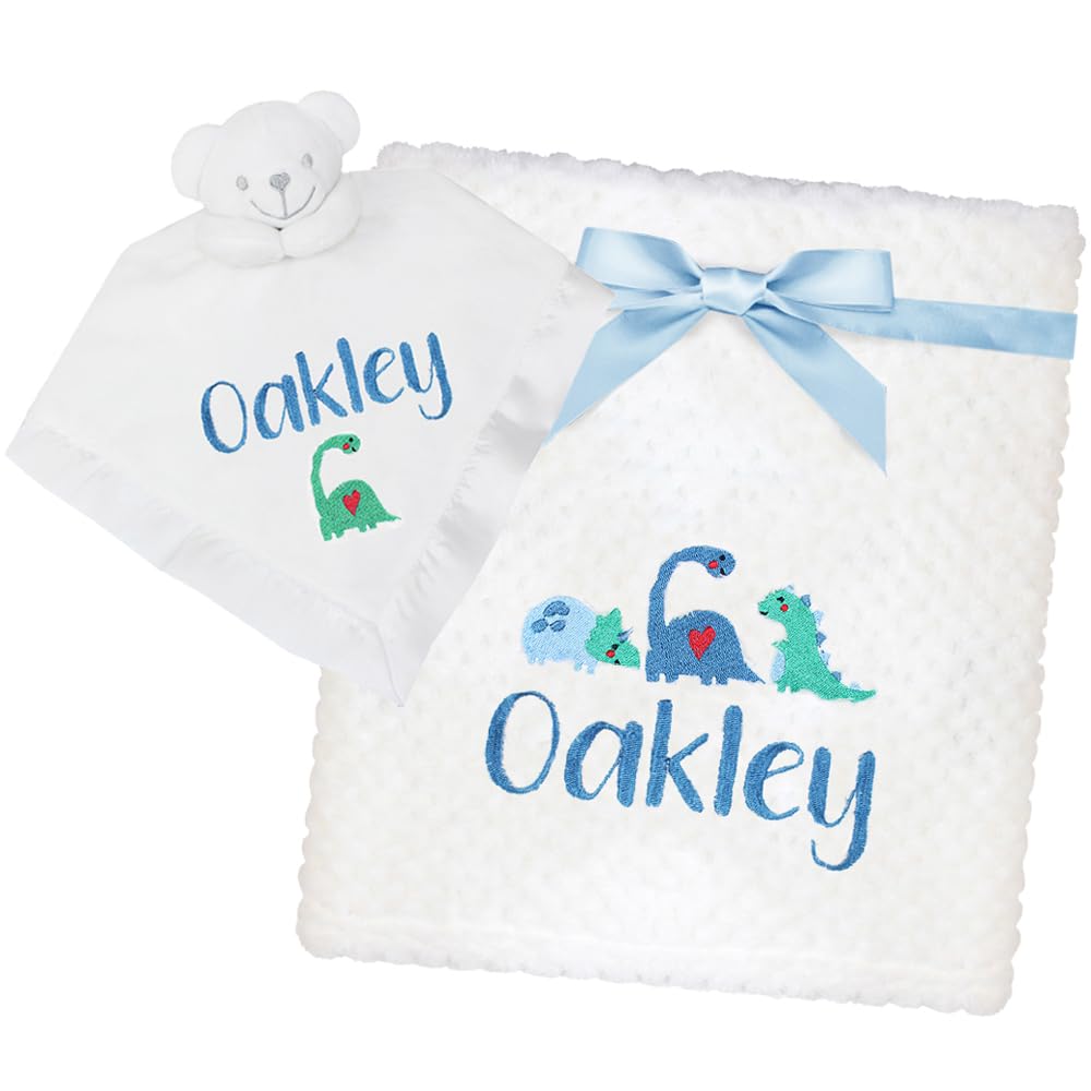 Teddyt's White Personalised Baby Dinosaurs Embroidered Luxury Waffle Blanket And Comforter Gift Set