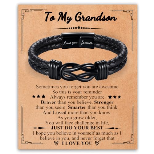 Gifts for Boys Teenage Grandson Mens Leather Bracelets Christmas Birthday Gifts for Grandson from Grandma Happy Birthday Grandsons Gift for Boy Graduation Jewellery Gift for Grandsons Presents