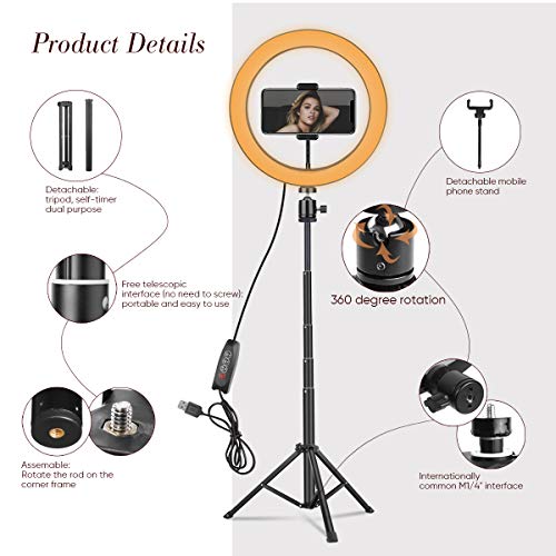 Ringleuchte 25,4 cm mit verstellbarem Stativ und Handy-Halterung für YouTube-Video, dimmbar, LED-Ringlicht für Selfie… – Bild 3