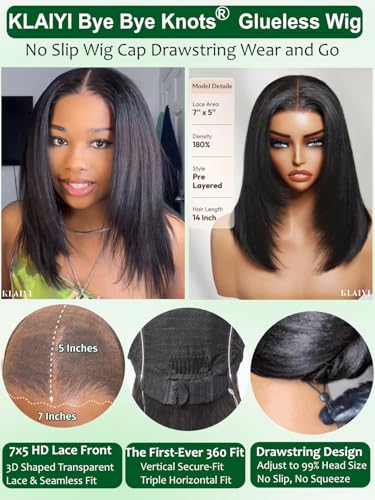 Image of KLAIYI Bye Bye Slip Layer Cut Yaki Straight Bye Bye Knots Bob Wig Human Hair Glueless Drawstring Precut 7x5 Lace Front Wigs Pre Plucked Bleached Ready to Wear and Go Beginners Wig 180% Density 12Inch