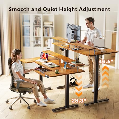 Image of OffiGo U Shaped Electric Standing Desk with Keyboard Tray, 55 Inch Height Adjustable Desk with Power Outlets & LED Lights, Sit Stand Table with Monitor Stand for Home, Office, Rustic Brown