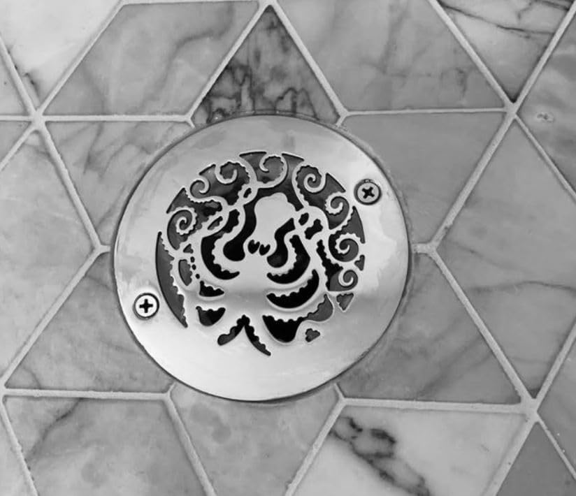 4 Inch Round Shower Drain Strainer, Octopus Design (Brushed Stainless Steel, Stainless Steel)