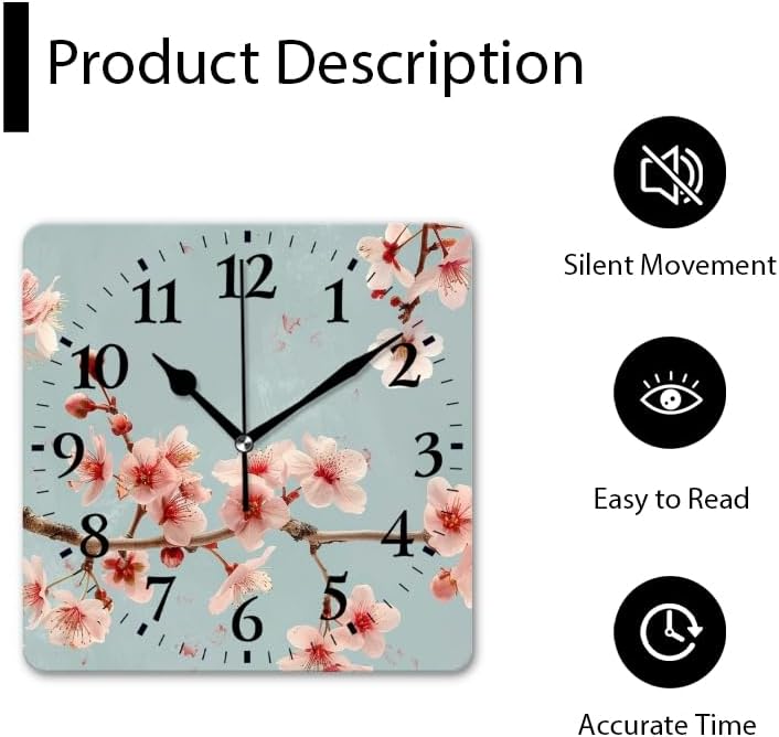Quartz Wall Clocks Non-Ticking Silent Battery Operated Modern Wall Clocks Decorative for Home,Bedroom-Beautiful Pink Cherry Blossoms in Full Bloom(14inch)