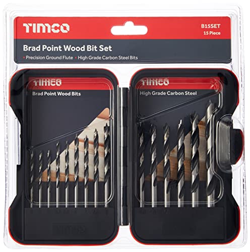 TIMCO Brad Point Wood Bit Set - Suitable on Hardwood Softwood Plywood MDF and Chipboard - Contained in a Robust Weatherproof Case - 15pc