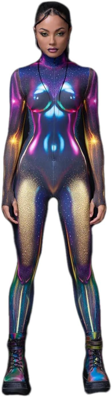 Galaxy Iridescent Bodysuit Women Sci-Fi Fantasy Holographic Party Festival Cosplay Jumpsuit with Hidden Zipper