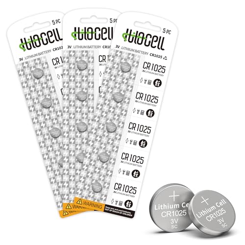 hilocell CR1025 Lithium 3V Coin Battery 15 Pack, 3 Volt CR 1025 Button Cell Batteries, Durable Long-Lasting High Capacity 1025 Battery with 10-Year Shelf Life - 15 Count