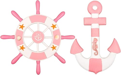 Miniatura 8 de Paquete de 2 Timón de Barco de Madera Náutico de Playa de 13" y Ancla de Madera de 13" con Cuerda Volante de Barco Náutico Timón Ancla Arte Retro