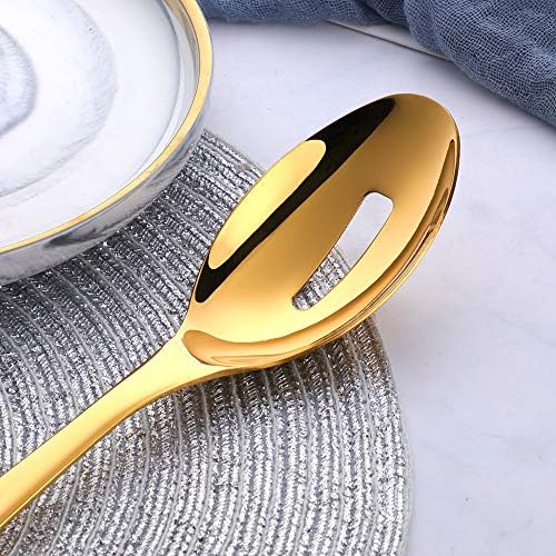 Bisda Golden Serving Spoon and Fork set Stainless Steel 26 CM(10.2 inches) length Salad Serving Spoon Slotted Spoon and Fork set 3-Piece Salad Utensils for Home & Kitchen