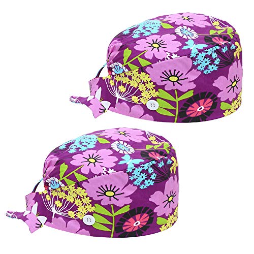 GOOJES 2PC Cute Shower Caps Patterned Working Caps with Button Adjustable Bouffant Cap Makeup Hat with Sweatband for Women (Purple Flower)