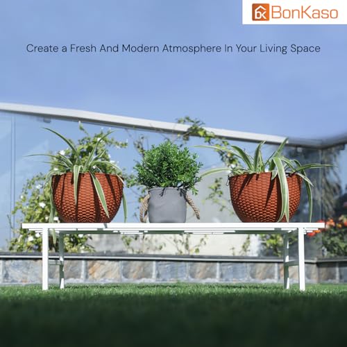Image of BonKaso Metal Heavy Duty Rectangle Plant Stand: 76x24x18 cm, White - Set of 2, Modern Design for Indoor & Outdoor Use, Sturdy, Anti-Rust Planter Stand for Garden, Balcony, Patio
