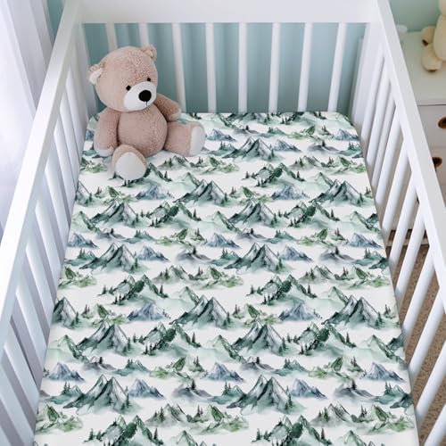 Image of Watercolor Green Mountains Landscape Fitted Baby Crib Sheets Boy Girl 52 inchx28 inch Misty Forest Mountain Trees Crib Mattress Covers Soft Breathable Baby Sheets for Standard Crib and Toddler Mattress