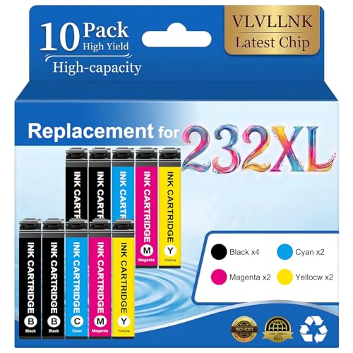 VLVLLNK Remanufactured for 232XL Ink Replacement for Epson 232XL Ink Cartridges Combo Pack Work with XP-4200 XP-4205 WF-2930 WF-2950 Latest Upgrade10-Pack (4 Black 2 Cyan 2 Magenta 2 Yellow)