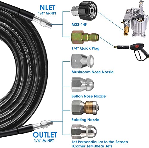 200Ft Sewer Jetter Kit For Pressure Washer, Newest 5800Psi Drain Cleaner Hose 1/4 Inch Npt Corner, Rotating And Button Hose Sewer Jetting Nozzle Pearl Corsage Pin Waterproof Tape With 2 Spanner #TOP1