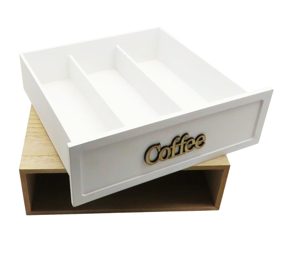 Cassetto in Legno Portacapsule - Cialde, Caffe, Zucchero, Organizer per Ufficio Casa - Contenitore in Legno 3 Scomparti per Cialde Capsule Caffe, 30 x 30 x 10 cm