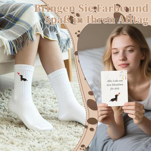 MOAZIFI Dackel Hundesocken mit Herz-Stickerei, Dackelsocken, Dackel Geschenke Atmungsaktiv, Geruchsneutral & Reibungsfrei, Geschenkset inklusive Karte und Tasche