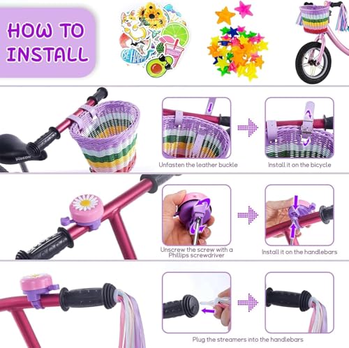 Fahrradkorb Kinder Vorne Fahrradkorb Mädchen Vorne für 14 16 18 20 Zoll Fahrrad Korb mit PU-Gurten, Aufkleber, Lenkerfransen, Fahrradklingel – Fahrrad Zubehör Kinder, Kinderfahrrad Zubehör, Regenbogen
