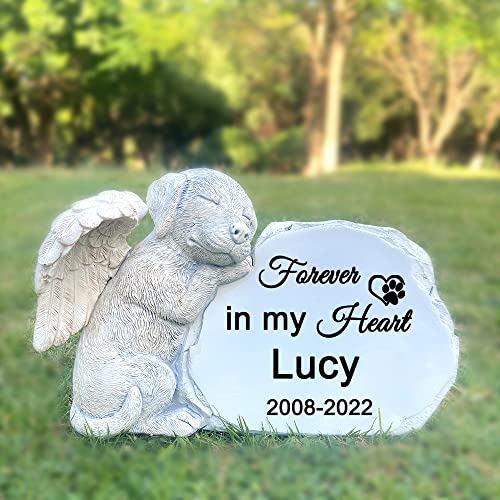 LAGGATTS Personalized Pet Dog Memorial Stone with A Sleeping Dog Angel Statue, Dog Grave Markers, Dog Headstone Tombstone-Forever in My Hearts
