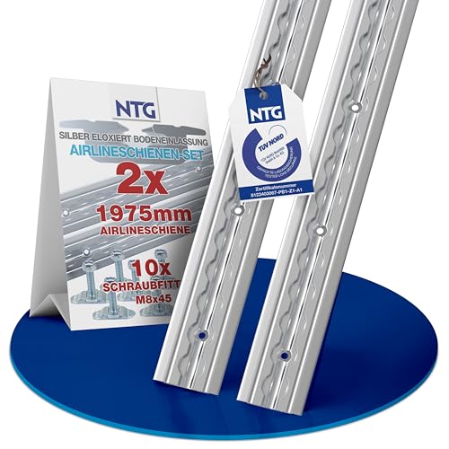 NTG Airlineschiene 2 STK 2m / 1975mm Alu -TÜV Zertifiziert- m. 10 Fittings - versenkbar als Bodenprofil Sparsetauswahl Ladungssicherung Aluschiene LKW Transporter - m. Bohrungen Silber eloxiert