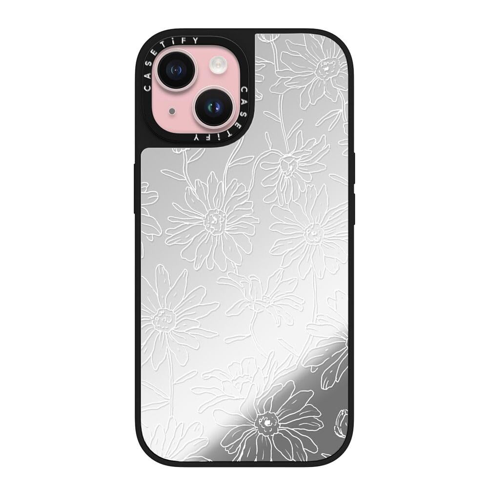 CASETiFY Magsafe 対応ミラー iPhone 15 ケース [反射性 / 1.5mからの落下試験をクリア / Magsafe に対応] - Simple Daisies - シルバー (ブラックバンパー)