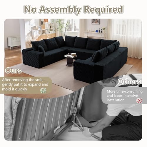 Image of Sectional Cloud Couch for Living Room, Big Comfy Corduroy Couches Set with Fluffy Memory Foam, Modular Floor Deep-Seat Sofa, Stupendous U Shaped Sofas with 12 Pillows, No Assembly Required, Black